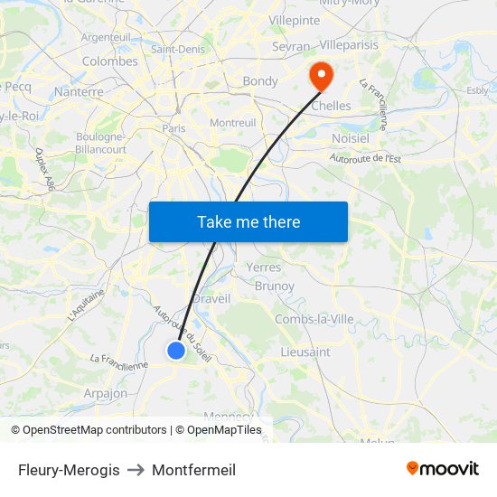 Fleury-Merogis to Montfermeil map