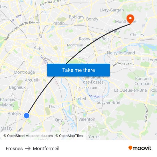 Fresnes to Montfermeil map