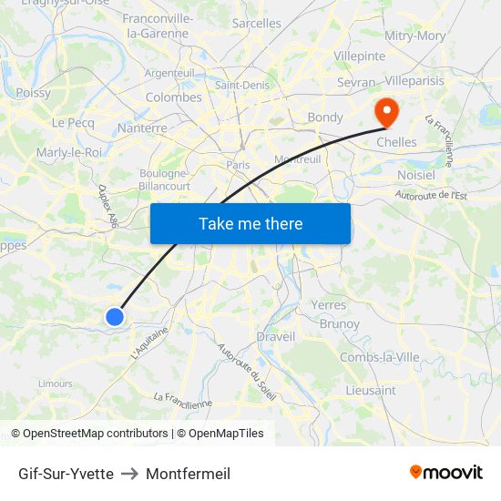 Gif-Sur-Yvette to Montfermeil map