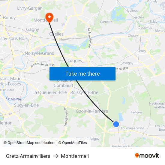 Gretz-Armainvilliers to Montfermeil map