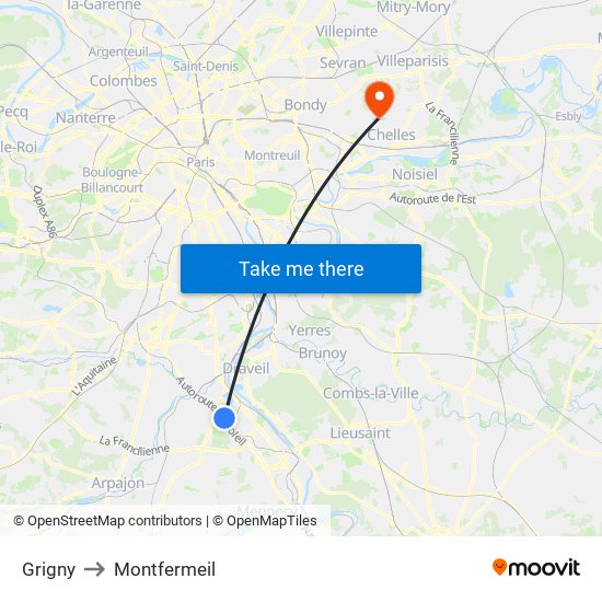 Grigny to Montfermeil map