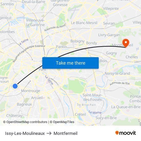 Issy-Les-Moulineaux to Montfermeil map