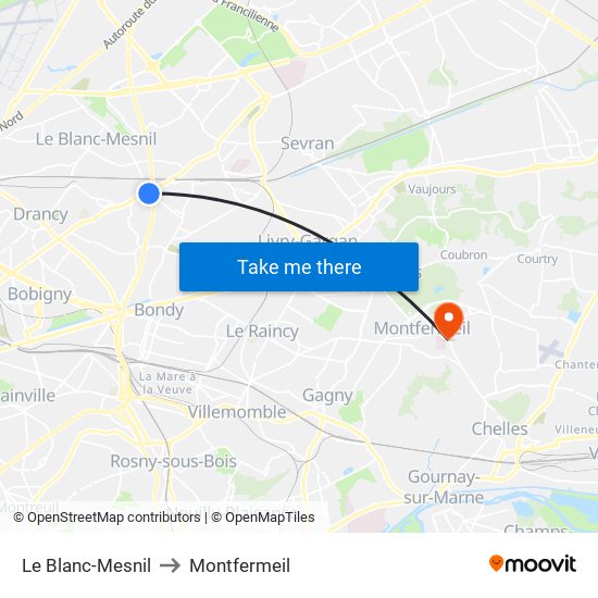 Le Blanc-Mesnil to Montfermeil map