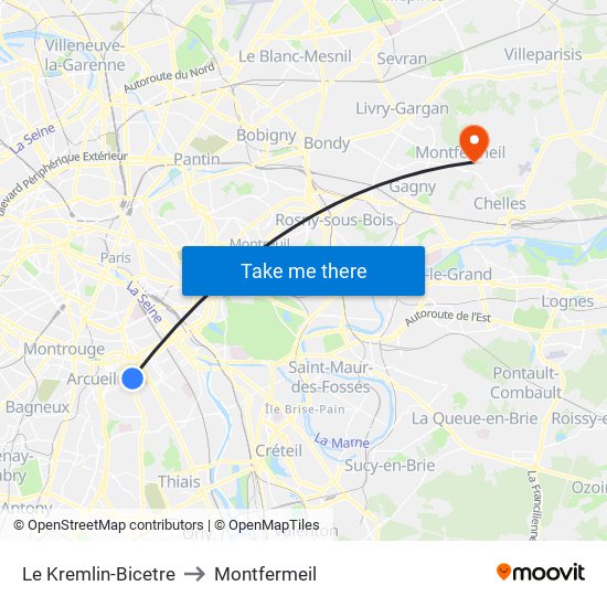 Le Kremlin-Bicetre to Montfermeil map