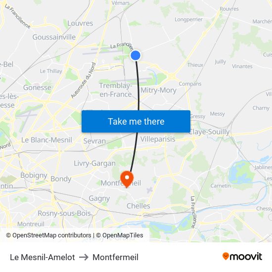 Le Mesnil-Amelot to Montfermeil map