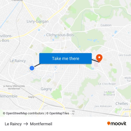 Le Raincy to Montfermeil map