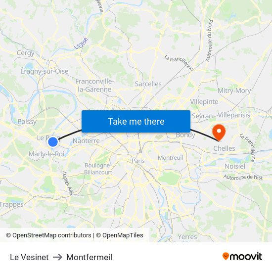 Le Vesinet to Montfermeil map