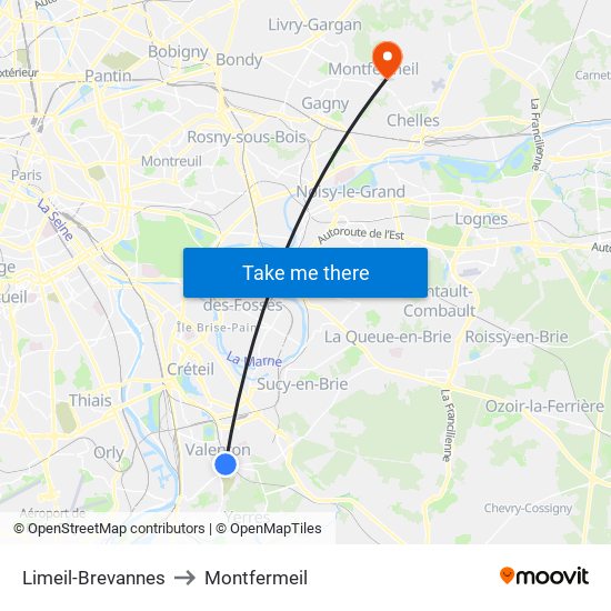 Limeil-Brevannes to Montfermeil map