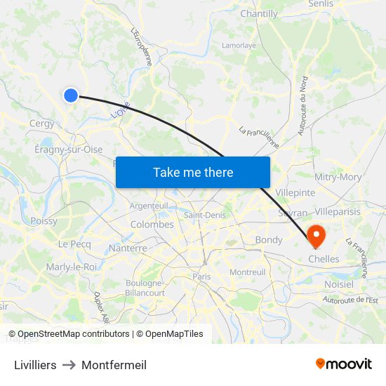 Livilliers to Montfermeil map