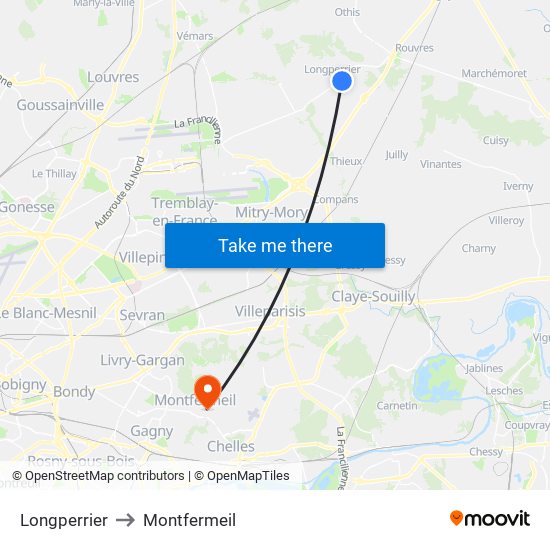 Longperrier to Montfermeil map