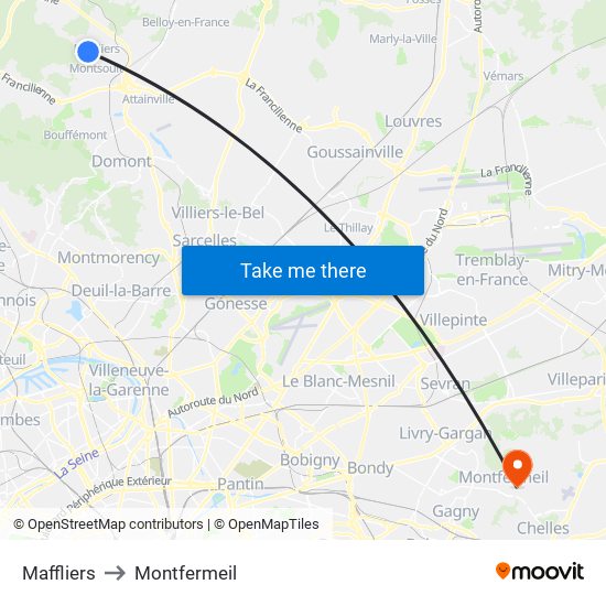 Maffliers to Montfermeil map