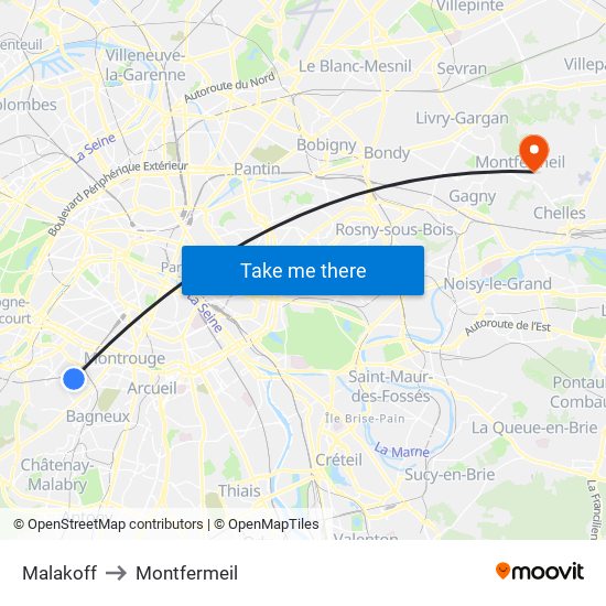Malakoff to Montfermeil map