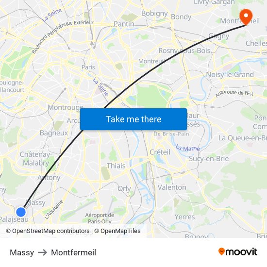 Massy to Montfermeil map