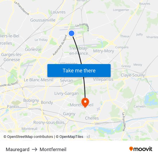 Mauregard to Montfermeil map