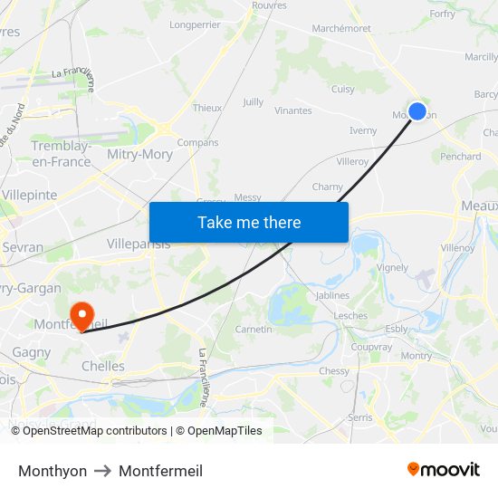 Monthyon to Montfermeil map