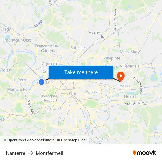 Nanterre to Montfermeil map