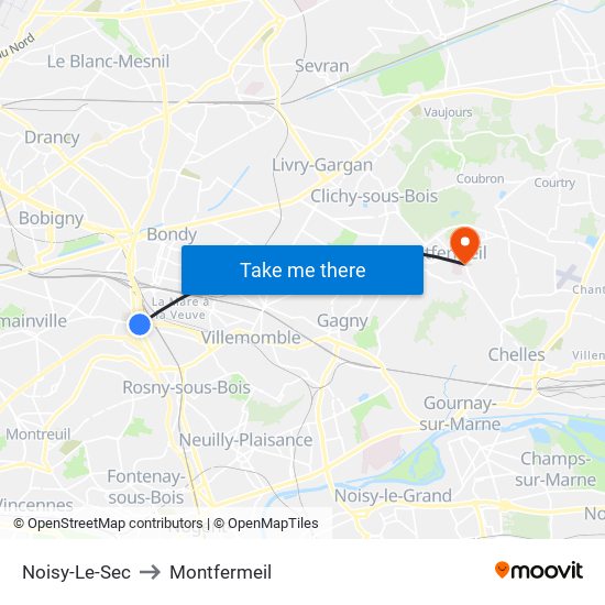 Noisy-Le-Sec to Montfermeil map
