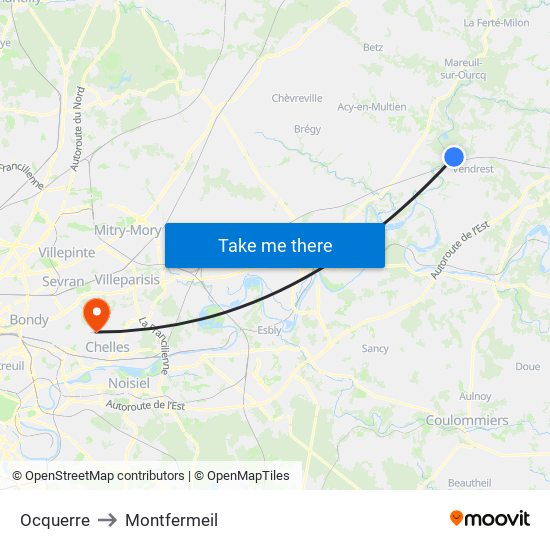 Ocquerre to Montfermeil map