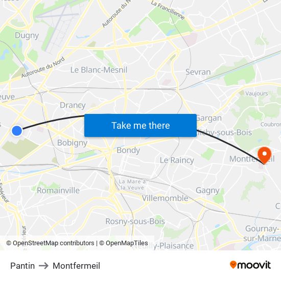 Pantin to Montfermeil map