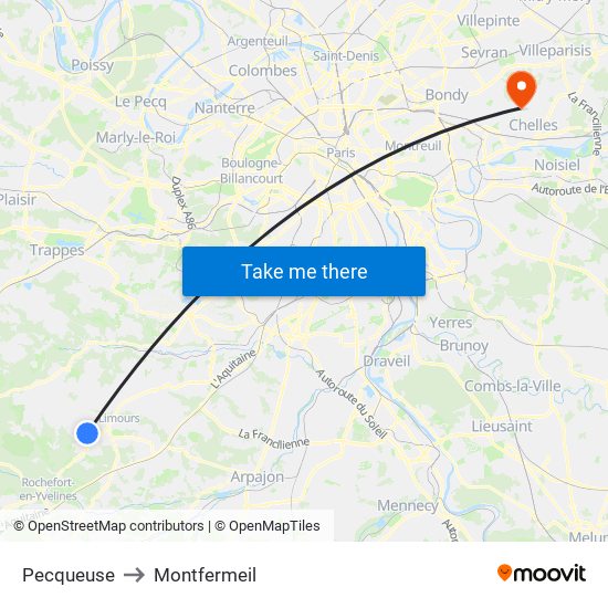 Pecqueuse to Montfermeil map