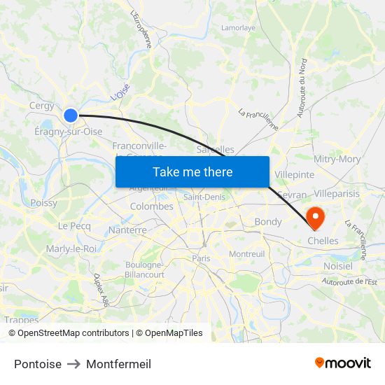 Pontoise to Montfermeil map