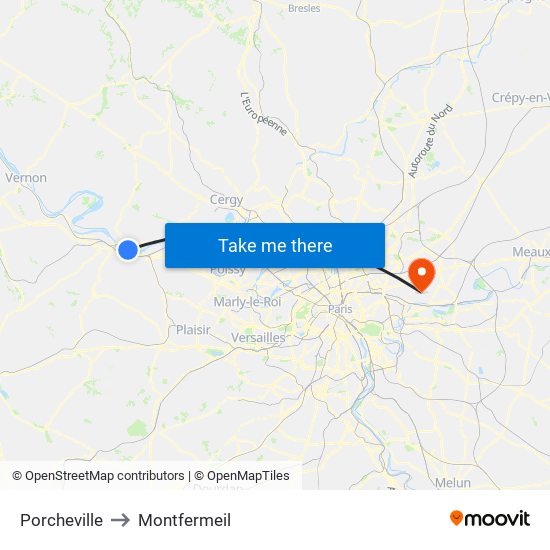 Porcheville to Montfermeil map