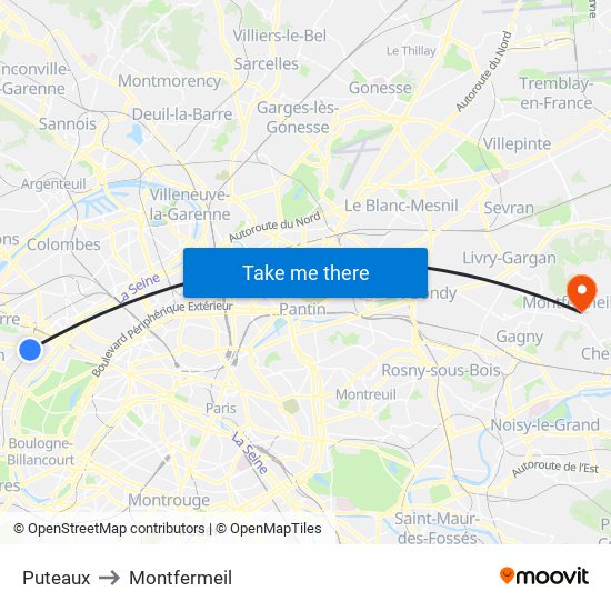 Puteaux to Montfermeil map