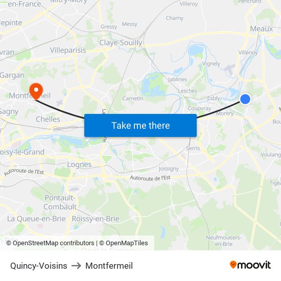 Quincy-Voisins to Montfermeil map