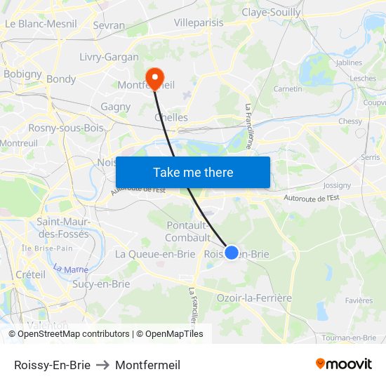 Roissy-En-Brie to Montfermeil map