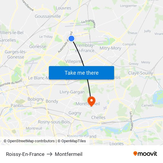Roissy-En-France to Montfermeil map