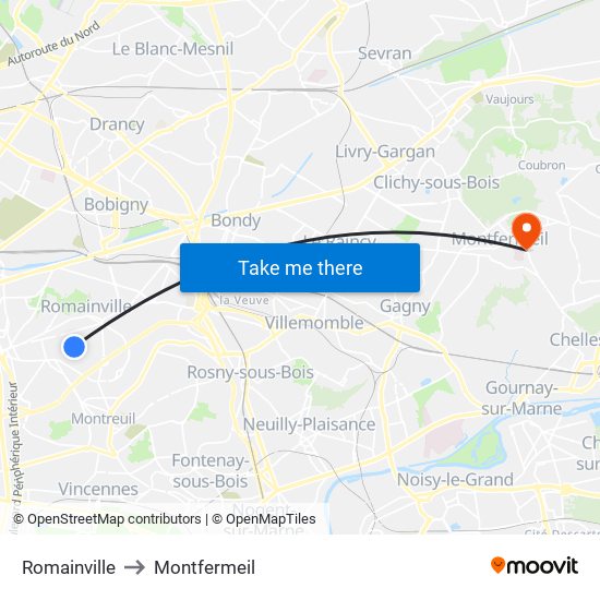 Romainville to Montfermeil map