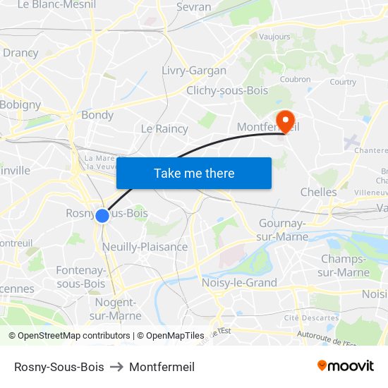 Rosny-Sous-Bois to Montfermeil map