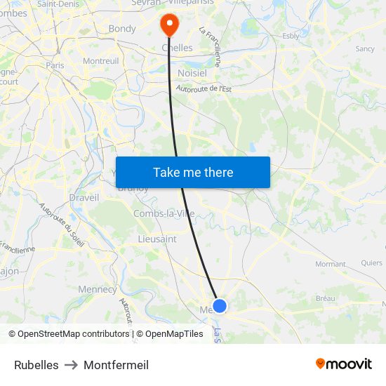 Rubelles to Montfermeil map