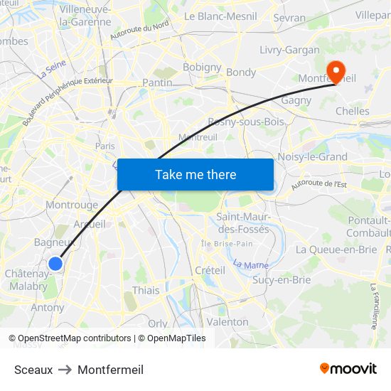 Sceaux to Montfermeil map