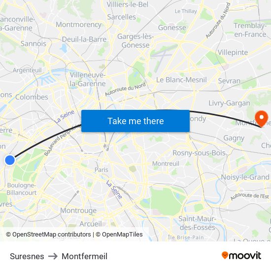 Suresnes to Montfermeil map