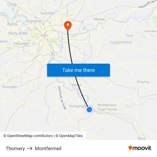 Thomery to Montfermeil map