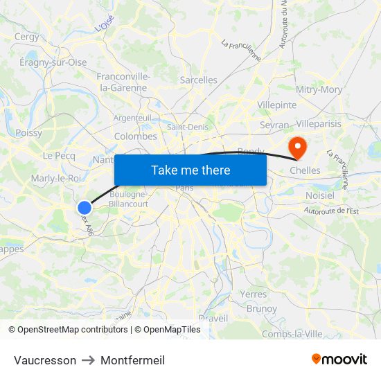 Vaucresson to Montfermeil map