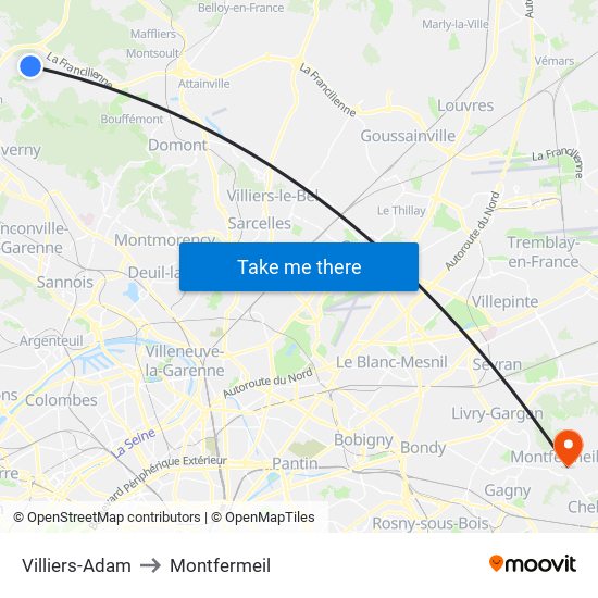 Villiers-Adam to Montfermeil map