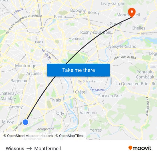 Wissous to Montfermeil map