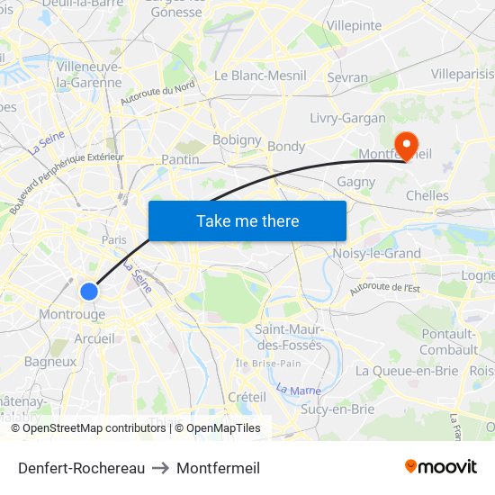 Denfert-Rochereau to Montfermeil map
