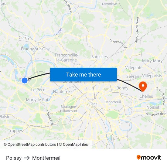 Poissy to Montfermeil map