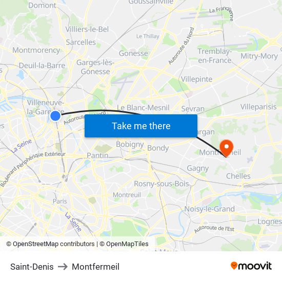 Saint-Denis to Montfermeil map