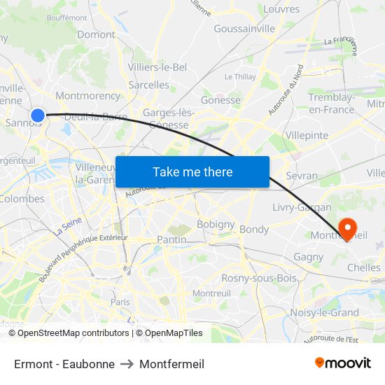 Ermont - Eaubonne to Montfermeil map