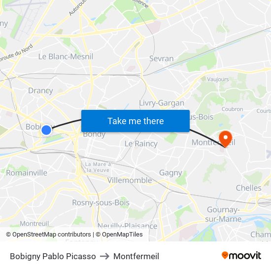 Bobigny Pablo Picasso to Montfermeil map