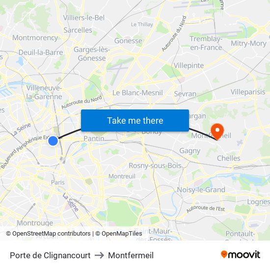 Porte de Clignancourt to Montfermeil map