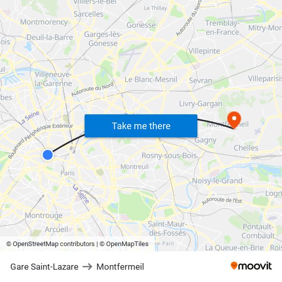 Gare Saint-Lazare to Montfermeil map