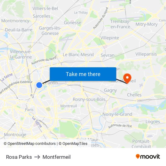 Rosa Parks to Montfermeil map