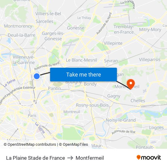 La Plaine Stade de France to Montfermeil map