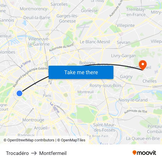 Trocadéro to Montfermeil map