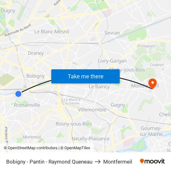 Bobigny - Pantin - Raymond Queneau to Montfermeil map
